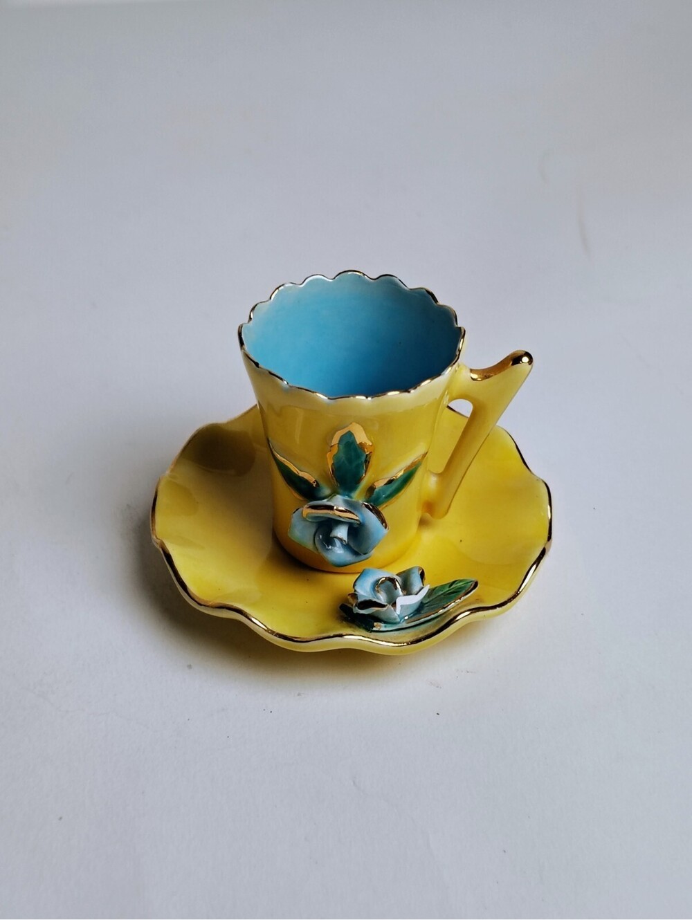 Vintage Porcelain Demitasse Cup Saucer Set Yellow Blue 3D Rose Flower Gilt Trim